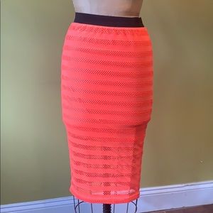 BEBE BRIGHT NEON PINK MIDI SKIRT